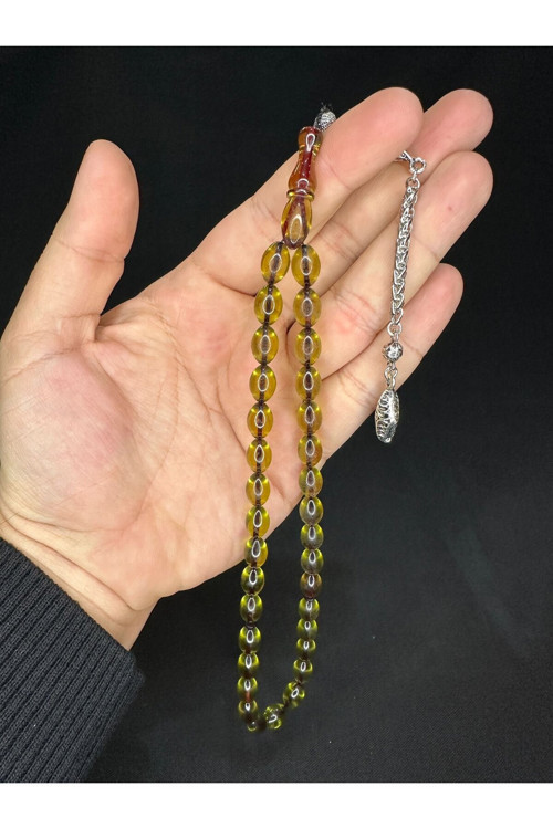 SEVGİLİYE ÖZEL HEDİYE TOZ KEHRİBAR TESBİH SARI RENKLİ BEYZİ KESİM 11MMX8MM H-1576.