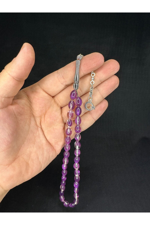 TOZ KEHRİBAR TESBİH KOYU MOR RENKLİ BEYZİ KESİM 10MMX6,5MM T-676