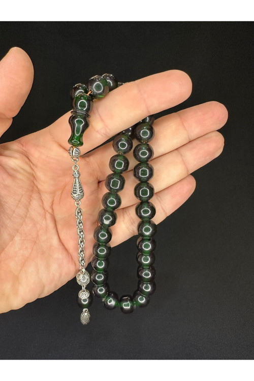 SEVGİLİYE ÖZEL HEDİYE TOZ KEHRİBAR TESBİH YEŞİL RENKLİ KÜRE KESİM 11 MM H-1626.