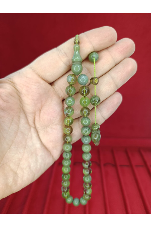 ATEŞ KEHRİBAR TESBİH HİKMET AL SAİD USTA YAPIMI KÜRE KESİM YEŞİL RENKLİ T-871
