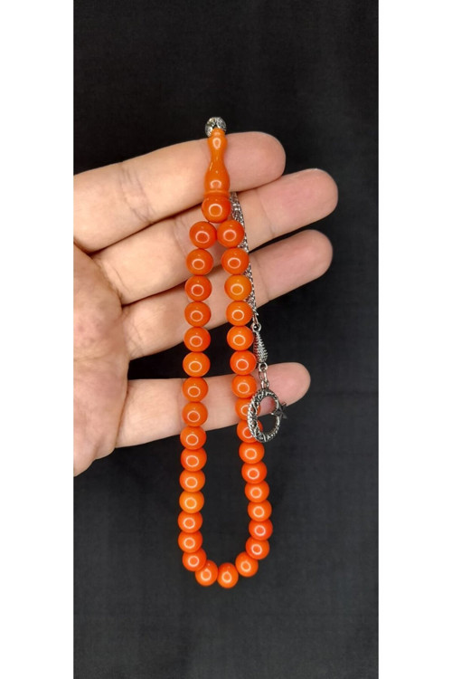 SEVGİLİYE ÖZEL HEDİYE ÇUBUK KEHRİBAR TESBİH TURUNCU RENK KÜRE KESİM H-1404.