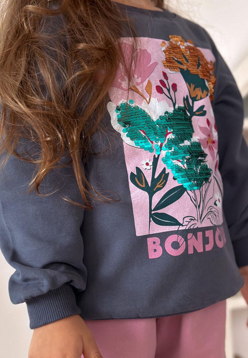 Çiçek Basdkılı Pullu Sweatshirt 1-10 Yaş Lacivert