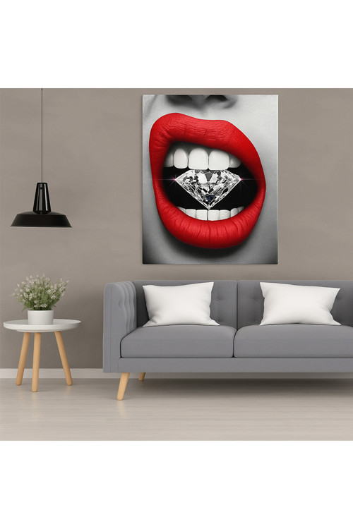 BLT DİZAYN Kırmızı Dudak ve Elmas Tasarımı – 60x90 cm Modern Duvar Dekoru