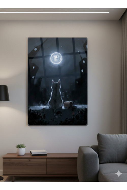 BLT DİZAYN Romantik Ay Işığı ve Kedi Tasarım Poster – Duvar Dekorasyonu