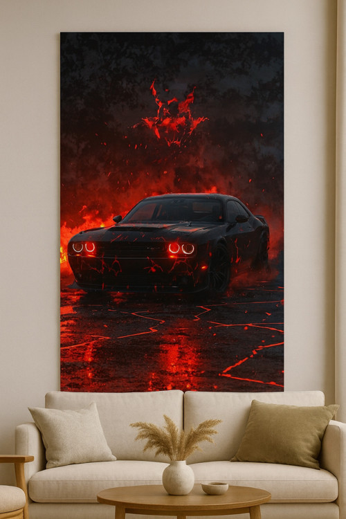 BLT DİZAYN Karanlık Atmosferde Kırmızı Gözlü Muscle Car Cam Tablo