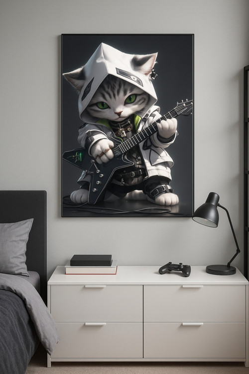 BLT DİZAYN Rock Star Kedi Cam Tablo – Gitar Çalan Sevimli Kahraman