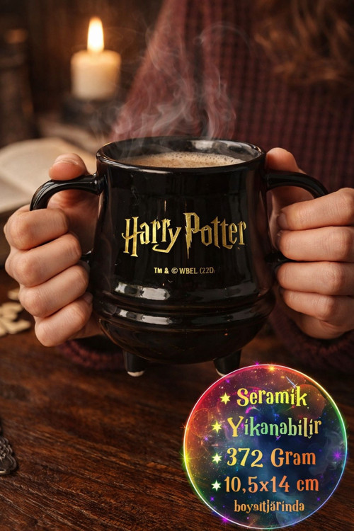 Harry Potter Lisanslı Çift Kulplu Kazan Kupa Seramik Siyah Logo Baskılı 14 cm 372 gr Hediyelik Ürün!