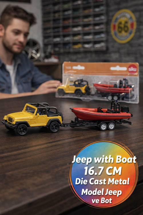 Siku Jeep Wrangler Tekneli Römorklu Die Cast Metal Oyuncak Araba Tekne Seti 4x4 Sarı Kırmızı 16.7 CM
