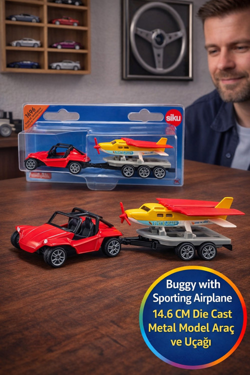 Siku Buggy Çekmeli Spor Uçak Römorklu Model Araba Oyuncak Metal Diecast Kırmızı Sarı Arabası 15.2 CM