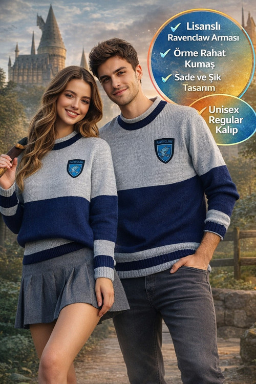 Harry Potter Ravenclaw Quidditch Sweatshirt Lisanslı Örme Kazak Mavi Gri Unisex - L Beden