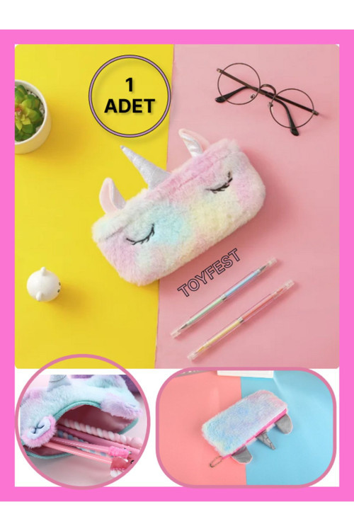 Yumuşak Peluş Unicorn Temalı Kalem Kutusu - Mini Eşya Saklama Çantası - 1 ADET