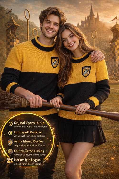 Harry Potter Hufflepuff Quidditch Kazak Lisanslı Sarı Siyah Örme Sweatshirt Unisex - XS Beden