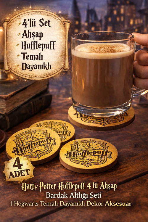 Harry Potter Hufflepuff 4’lü Ahşap Bardak Altlığı Seti | Hogwarts Temalı Dayanıklı Coaster