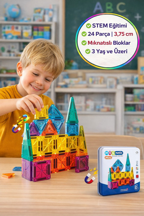 Magnetic Manyetik Puzzle 24 Parça 3,75 cm Mini Manyetik Yapı Blokları STEM Eğitim 3+ Çocuk Oyunu Set