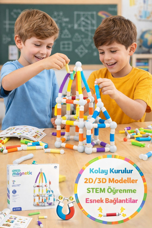 Magnetic İnşaat Seti - Esnek Tüp & Manyetik Top Bağlantı Stem Oyuncak 138 Parça
