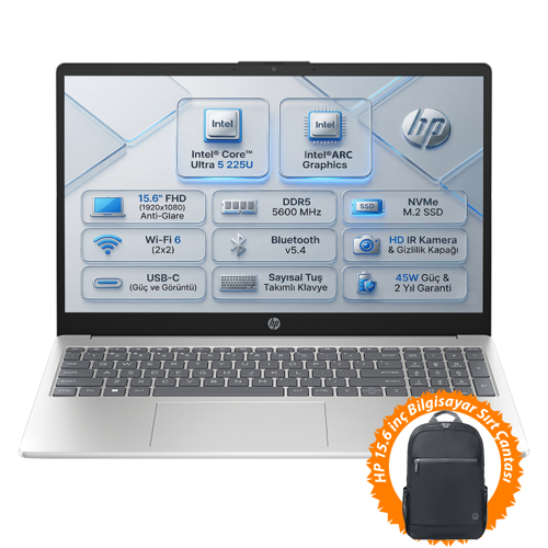 AI 15 Intel Core Ultra 5 225U 16GB 512GB SSD 15.6" FHD Freedos Laptop D51E0EA + Çanta