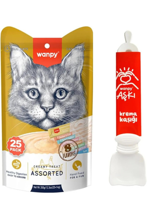 Wanpy Karışık 8 Lezzetli Krema Kedi Ödülü 25x14gr + Krema Kaşığı 1 Adet