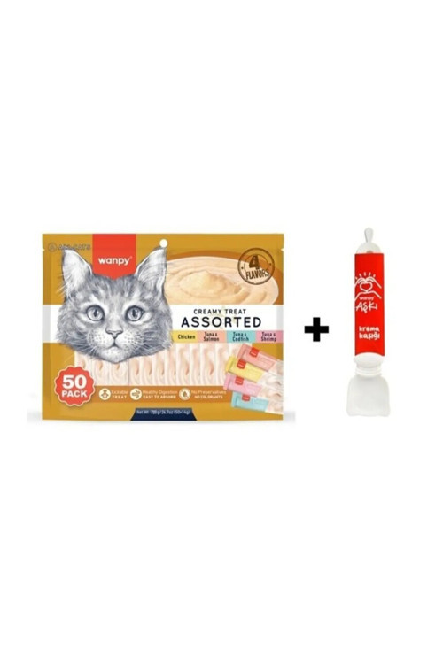Wanpy Karışık 4 Lezzetli Krema Kedi Ödülü 50x14gr + Krema Kaşığı 1 Adet