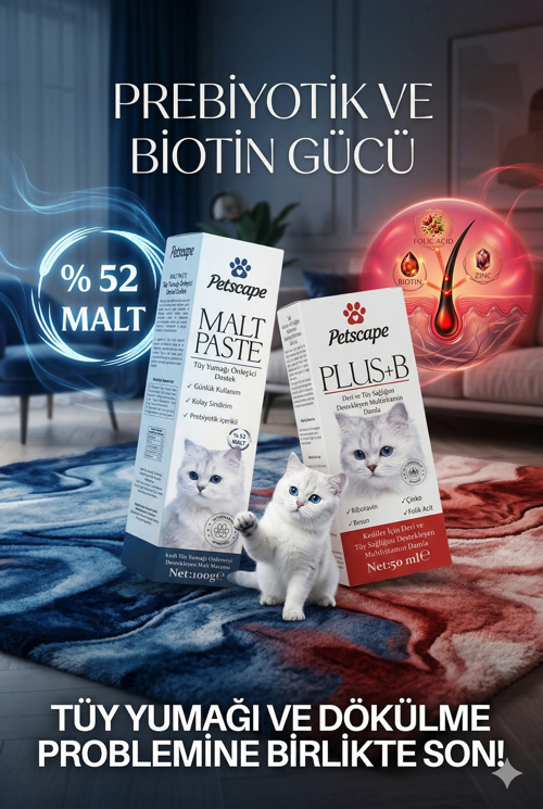 Tüy Yumağı Önleyici Kedi Malt Macunu ve Tüy Dökülme Önleyici Plus+B Kedi Vitamini Damlası