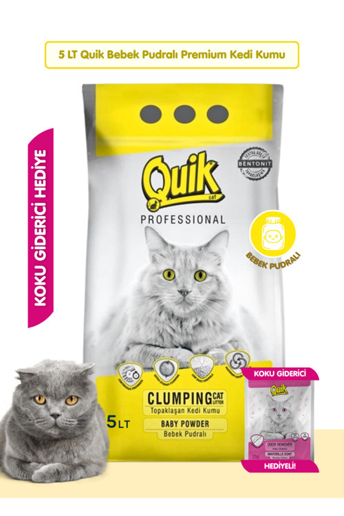 5LT Bebek Pudralı Bentonit Topaklaşan Doğal Kokusuz Kedi Kumu + Koku Giderici Hediyeli