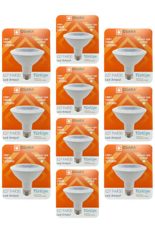 (10 Adet) Osaka 14W (100W) Beyaz Işık (6500K) E27 Duylu (Kalın Duy) Led PAR30 Ampul