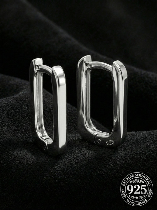 925 Ayar Gümüş Rodyum Kaplama Dikdörtgen Huggie Halka Küpe - Orta Boy (2mm En)