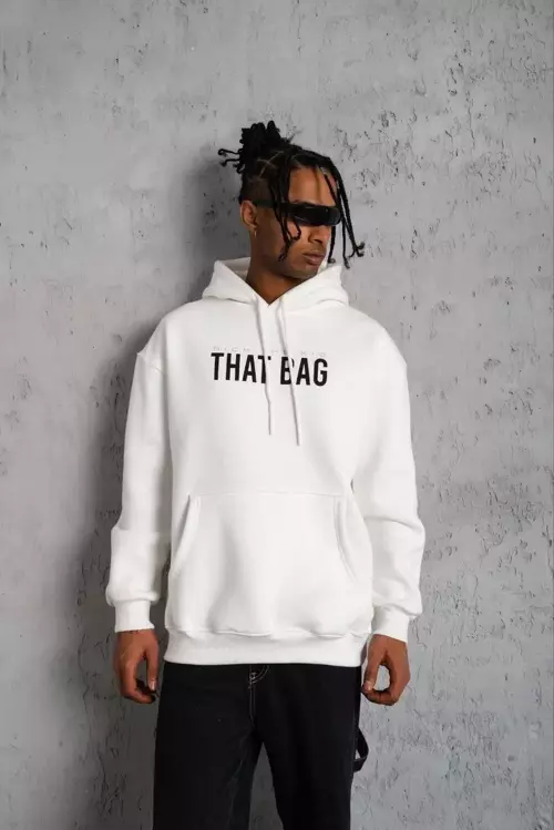 Kanguru Cep Baskılı Kapüşonlu Beyaz Sweatshirt - Premium Kalite 1. Sınıf