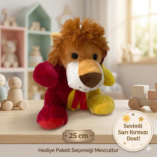 Sevimli Peluş Aslan 25 Cm Sarı Kırmızı Yumuşacık Oyuncak