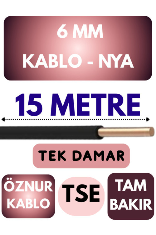 Öznur 6 MM NYA Kablo Metre Seçenekli (Siyah) 15 METRE