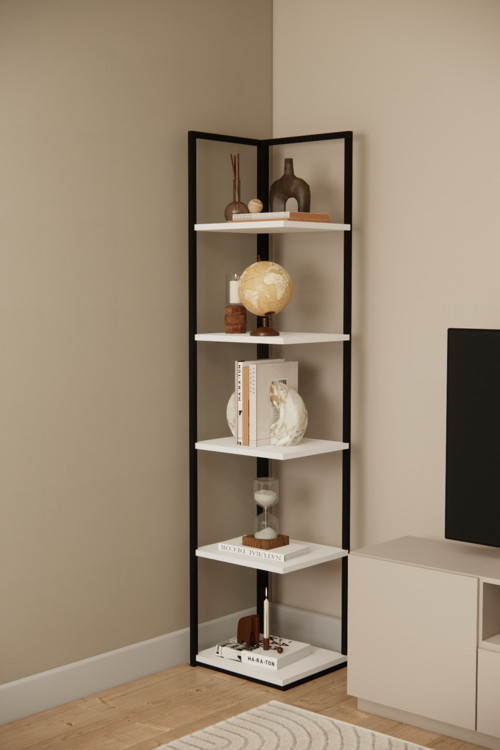 OB24-13 5 Raflı Dekoratif Metal Köşe Kitaplık Renk Rafı | Çok Amaçlı Aksesuar & Kitap Rafı | Modern Köşe Raf Sistemi