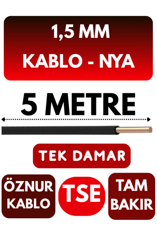 Öznur 1,5 MM NYA Kablo Metre Seçenekli (Siyah) 5 METRE
