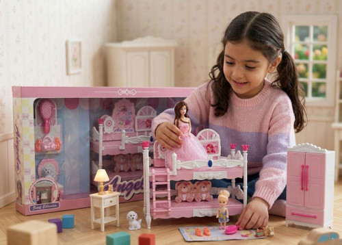 Angela Serisi: 12 Parçalı 3 Figürlü Yedek Elbiseli ve Ranza Odası Setli Oyuncak Bebek Seti