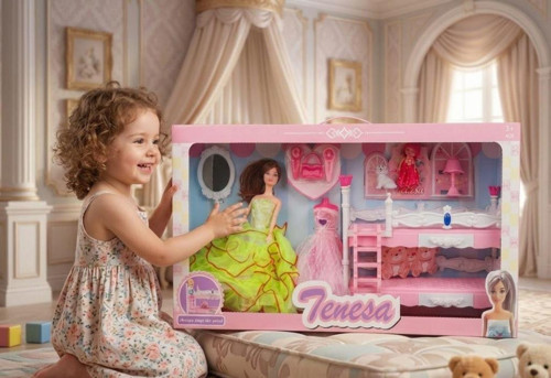 Tenesa Rüya Evi: 3 Figürlü 10 Parçalı Yedek Elbiesli Eklemleri Oynayan Bebek ve Yatak Odası Seti