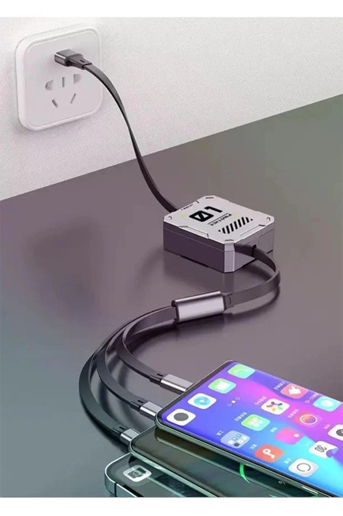 100W Geri Çekilebilir Makaralı Çoklu Şarj Kablosu Alüminyum Kutu Lightning Micro Type-C Şarj Kablosu