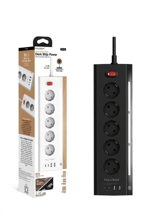 Akım Korumalı 5’li Priz 2xUSB 2xType-C Çıkış Dokunmatik Işıklı Akım Koruma Çoklu Priz Çoğaltıcı Siya