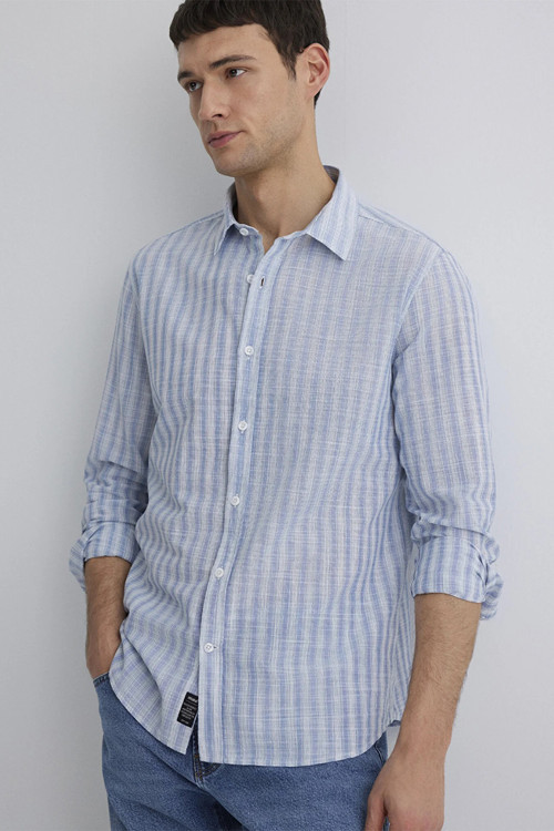 % 100 Pamuk Regular Fit Uzun Kollu Erkek Gömlek 0211538-70744 MAVİ-BEYAZ