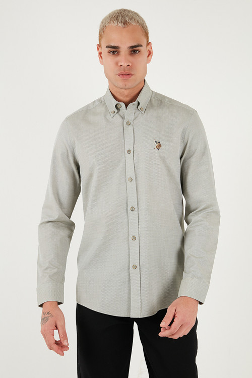 U.S. Polo Pamuklu Slim Fit Logolu Uzun Kollu Erkek Gömlek G081SZ0042225619 Açık Haki