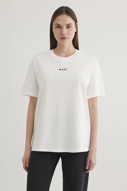 % 100 Pamuk Loose Fit Bisiklet Yaka Logolu Bayan T Shirt 1612518-70057 EKRU