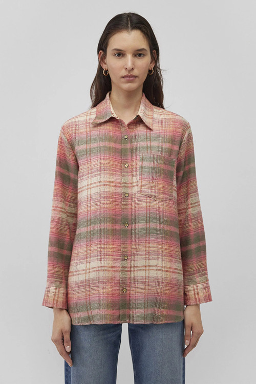 Pamuklu Loose Fit Kareli Bayan Gömlek 1210609-85860 Turuncu-Pembe