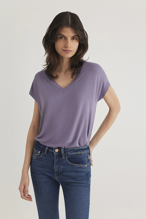 Regular Fit V Yaka Basic Bayan T Shirt 167714-70608 LİLA