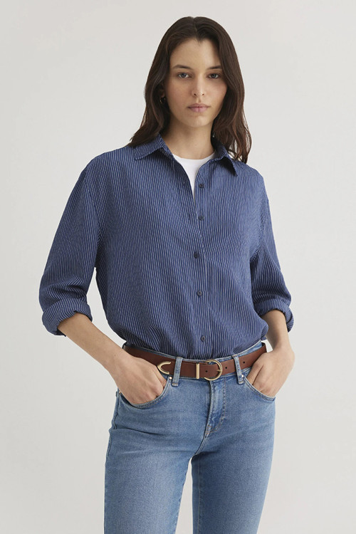 Loose Fit Çizgili Uzun Kollu Bayan Gömlek 1210683-80736 LACİVERT