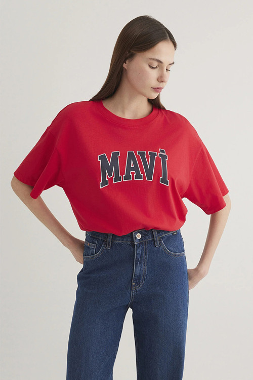 % 100 Pamuk Oversize Bisiklet Yaka Logolu Bayan T Shirt 1600843-82054 KIRMIZI