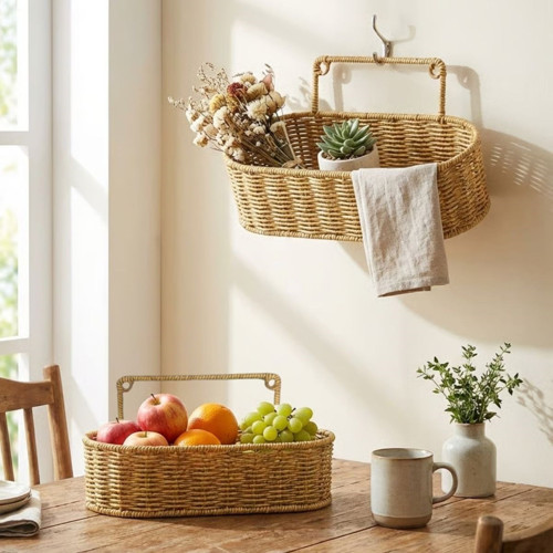 BUFFER® 2’li Duvar Askılı Plastik Rattan Organizer – Oval Hasır Görünümlü Mutfak Raf Sepeti, Banyo ve Ev İçi Düzenleme Ünitesi