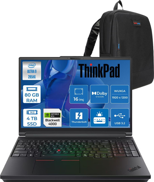 Thinkpad P16 Gen3 Intel Ultra 9 285HX Ddr5 80GB 4tb SSD 16GB/RTXPRO4000 Blackwell 16" Wuxga (1920X1200) IPS 500NITS 100% Srgb 60Hz Windows 11 Pro Aı Iş Istasyonu 21RRS0LC00P28 + Zettaçanta