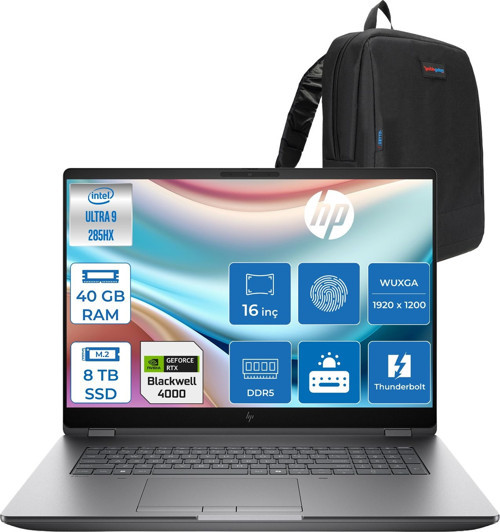 Zbook Fury G1I Intel Ultra 9 285HX Ddr5 40GB 8tb SSD 16GB/RTXPRO4000 Blackwell Wuxga (1920 x 1200) IPS 400NIT Wi-Fi7+Bt 5.4 Windows 11 Pro Aı Iş Istasyonu 5F9Q9ESF52 + Zettaçanta