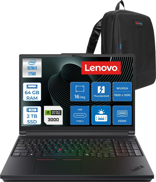 Thinkpad P16 Gen3 Intel Core Ultra 9 275HX 64GB 2tb SSD 12GB/RTXPRO3000 Blackwell 16" Wuxga (1920X1200) IPS 500NITS Freedos Aı Machine Learning Iş Istasyonu 21RQ000JTXF23 + Zettaçanta