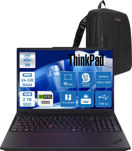 Thinkpad P16V Gen3 Intel Core Ultra 7 255H 24GB 2tb SSD 8GB/RTXPRO1000 Blackwell 16" Wuxga IPS 400NITS Windows 11 Home Taşınabilir Iş Istasyonu 21RS0006TXH07 + Zettaçanta