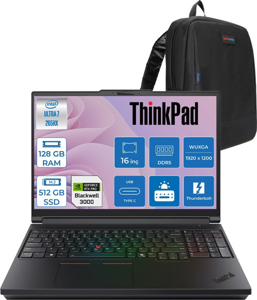 Thinkpad P16 G3 Intel Ultra 7 265HX Ddr5 128GB 512GB SSD 12GB/RTXPRO3000 Blackwell 16" Wuxga IPS 500NITS Wi-Fi7 +Bt 5.4 Freedos Aı Iş Istasyonu 21RQ000CTXF41 + Zettaçanta