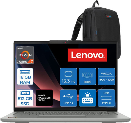 Ideapad Slim 5 13ARP10 Amd Ryzen™ 7 7735HS 16GB Ddr5 512GB SSD Amd Radeon™ 680M 13.3" Wuxga (1920X1200) IPS 400NITS 100% Srgb Freedos Taşınabilir Bilgisayar 83J2004STRF12+ZETTAÇANTA