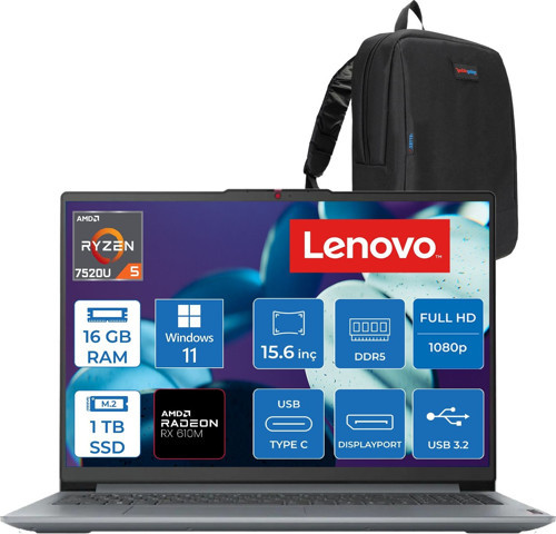 Ideapad Slim 3 Amd Ryzen 5 7520U 16GB Lpddr5 1tb SSD Radeon 610M Graphics 15.6" Fhd Tn 250NITS Windows 11 Home Taşınabilir Bilgisayar 82XQ00SFTXH10 + Zettaçanta